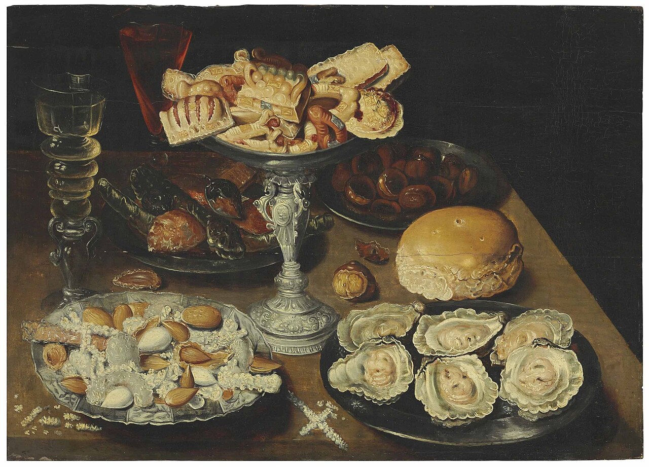 sias Beert circle - Oysters on a pewter plate with sweetmeats and biscuits in a silver tazza, chestnuts, nuts, and two façon