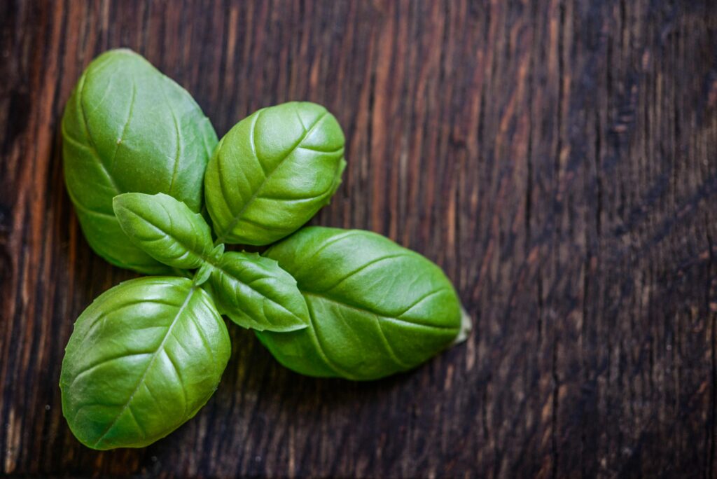 Basil on a Brown Wooden Surface