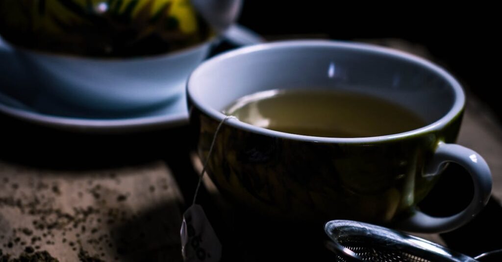 Hot green tea in a cup