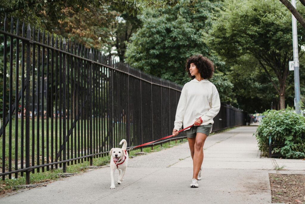 A girl walking her dog, wanting to get fit.