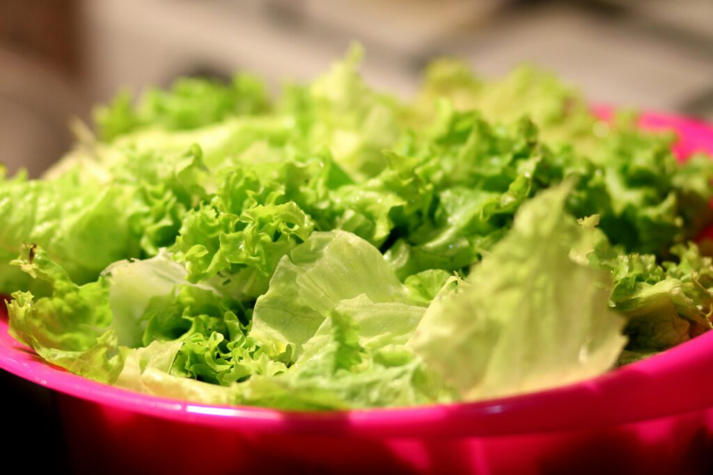 Freshly washed lettuce in a red bowl.