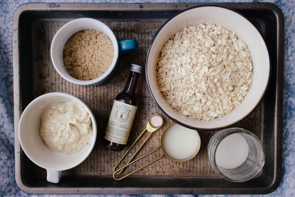 A tray of bowls filled with oats