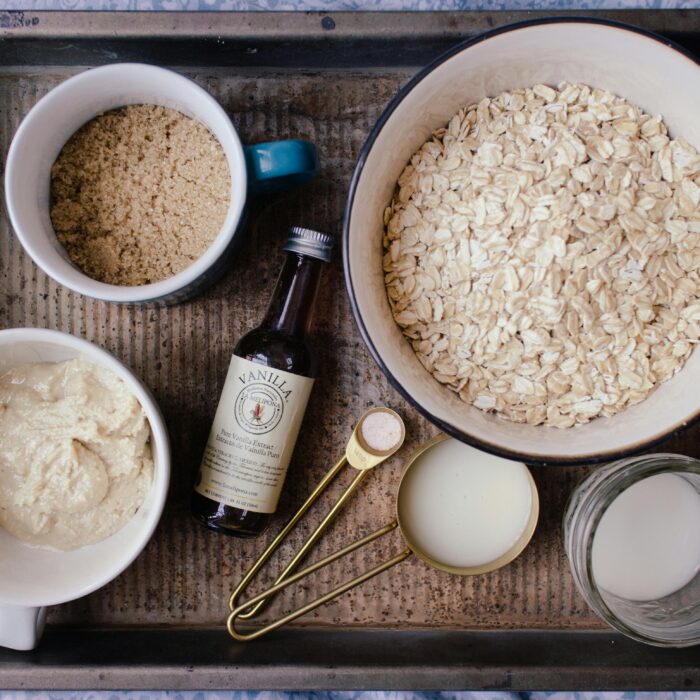 A tray of bowls filled with oats