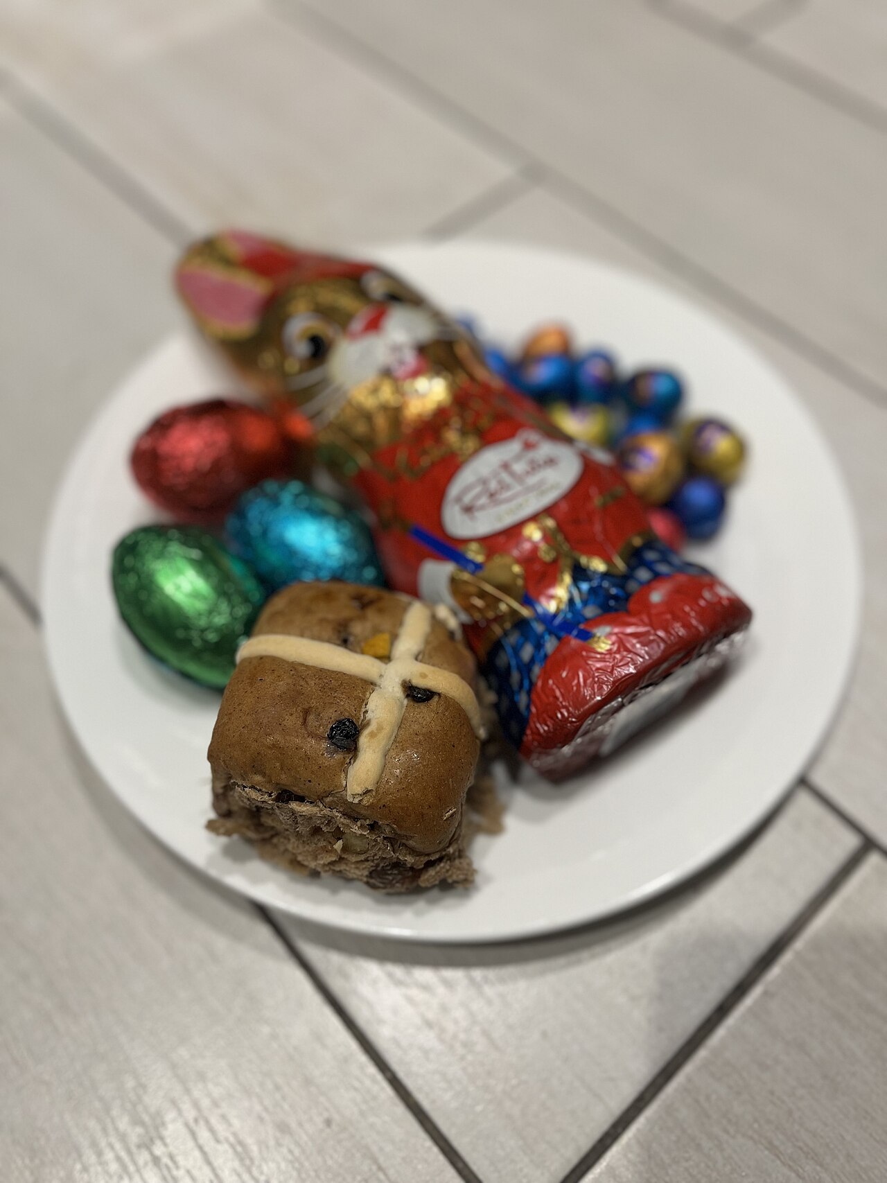 hocolate easter eggs, chocolate rabbit and a hot cross bun.jpg